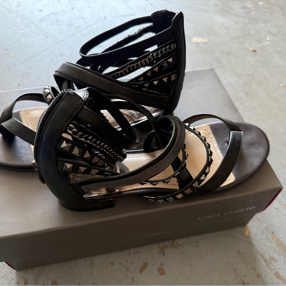 Vince Camuto Black Strappy Sandals with Stud Accents